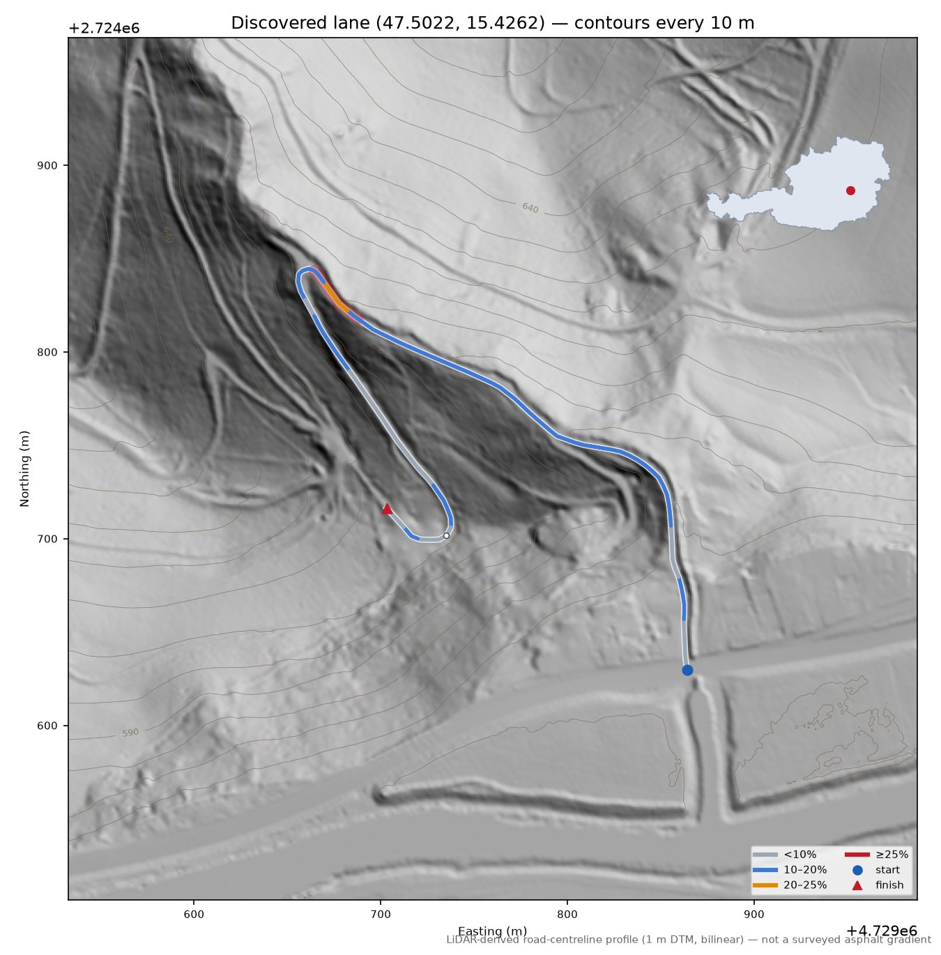 Discovered lane (47.5022, 15.4262) LiDAR hillshade map with contours