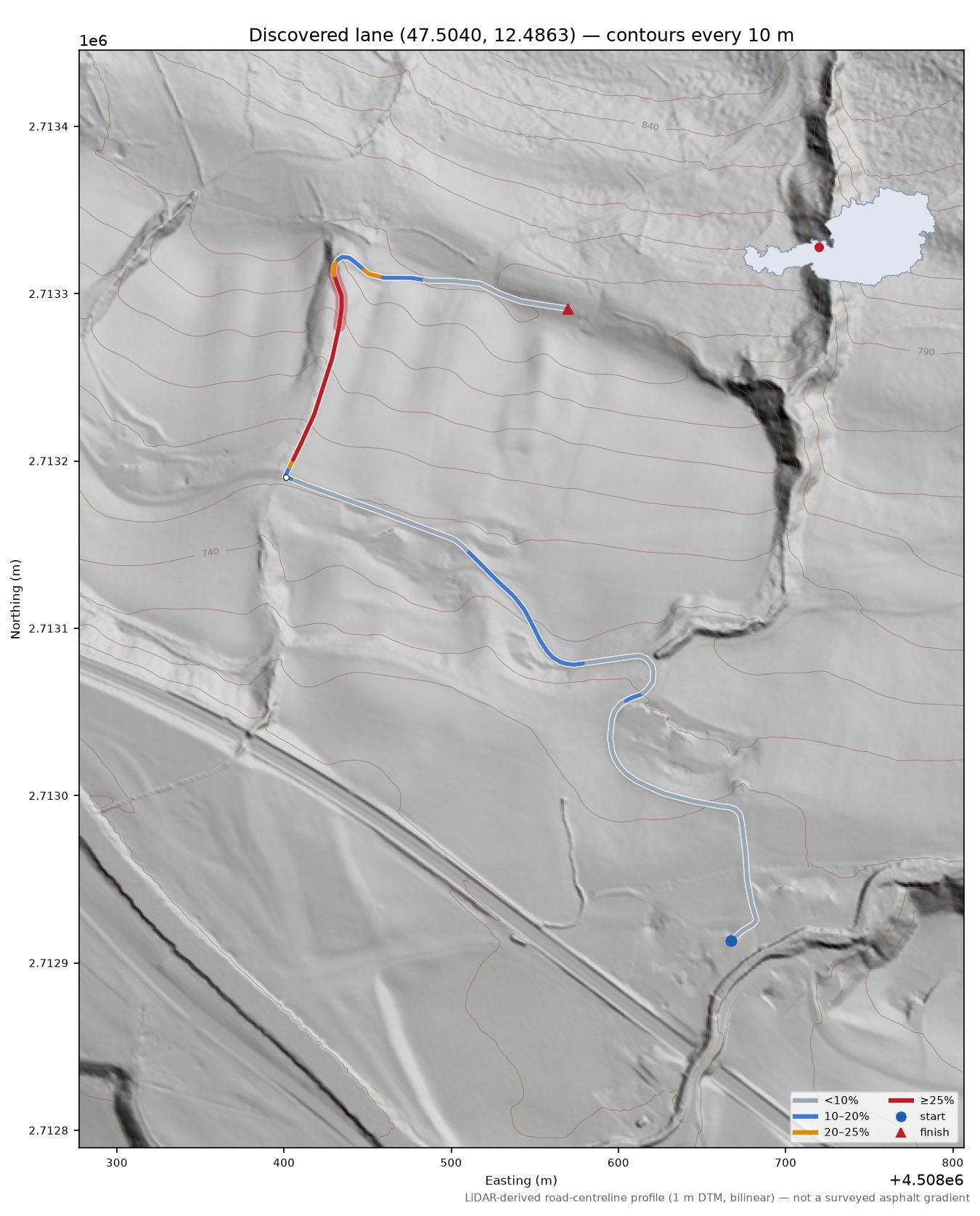 Discovered lane (47.5040, 12.4863) LiDAR hillshade map with contours