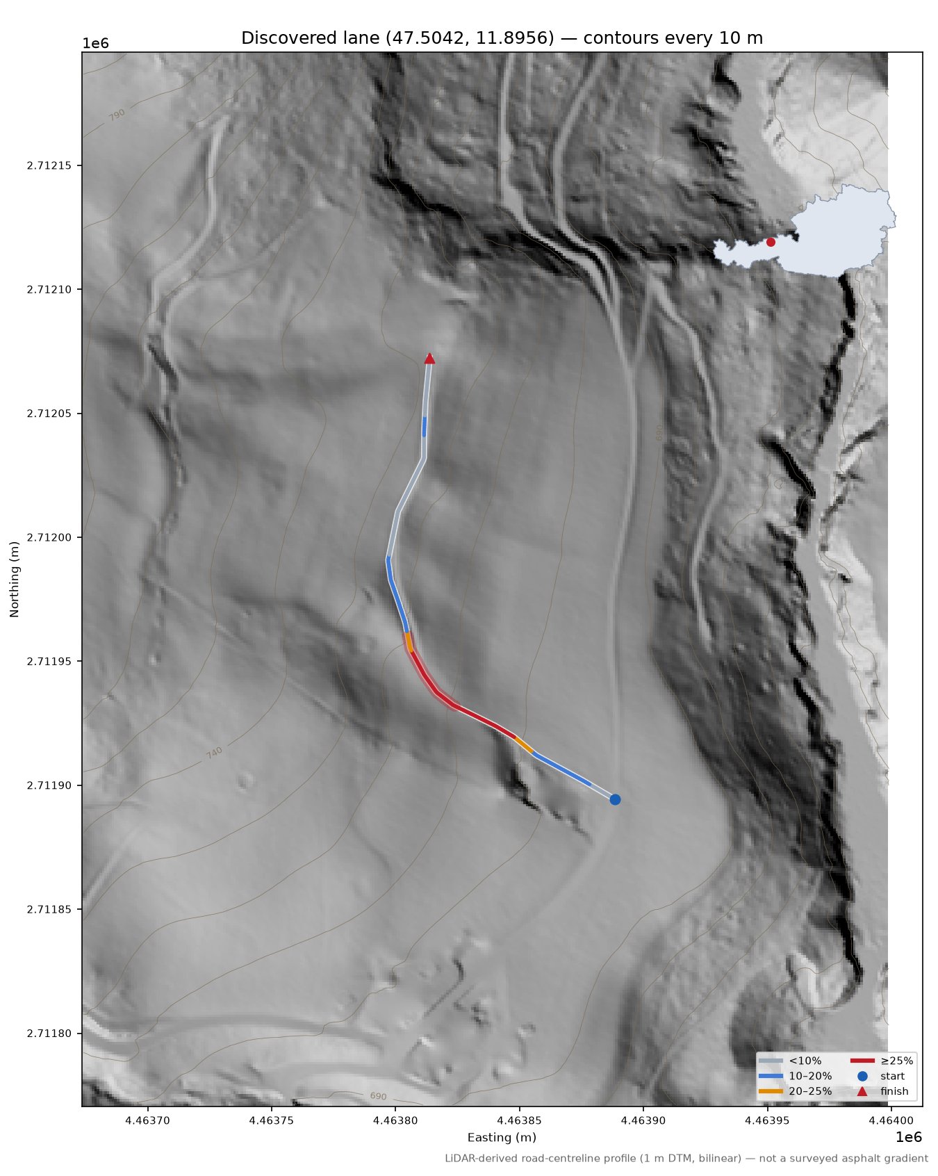 Discovered lane (47.5042, 11.8956) LiDAR hillshade map with contours