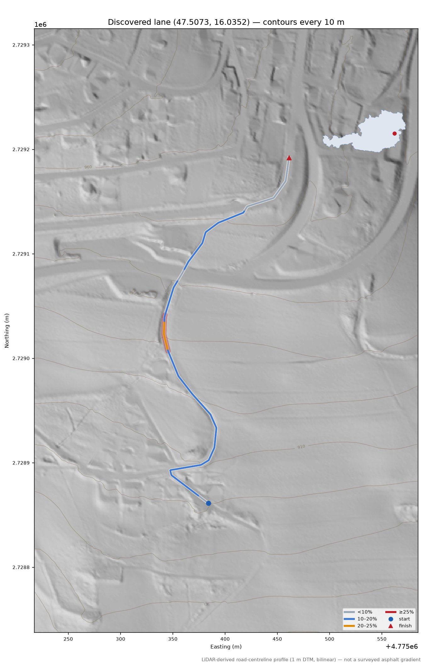 Discovered lane (47.5073, 16.0352) LiDAR hillshade map with contours