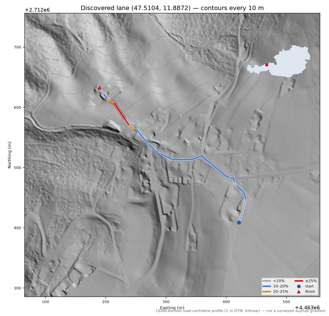 Discovered lane (47.5104, 11.8872) LiDAR hillshade map with contours