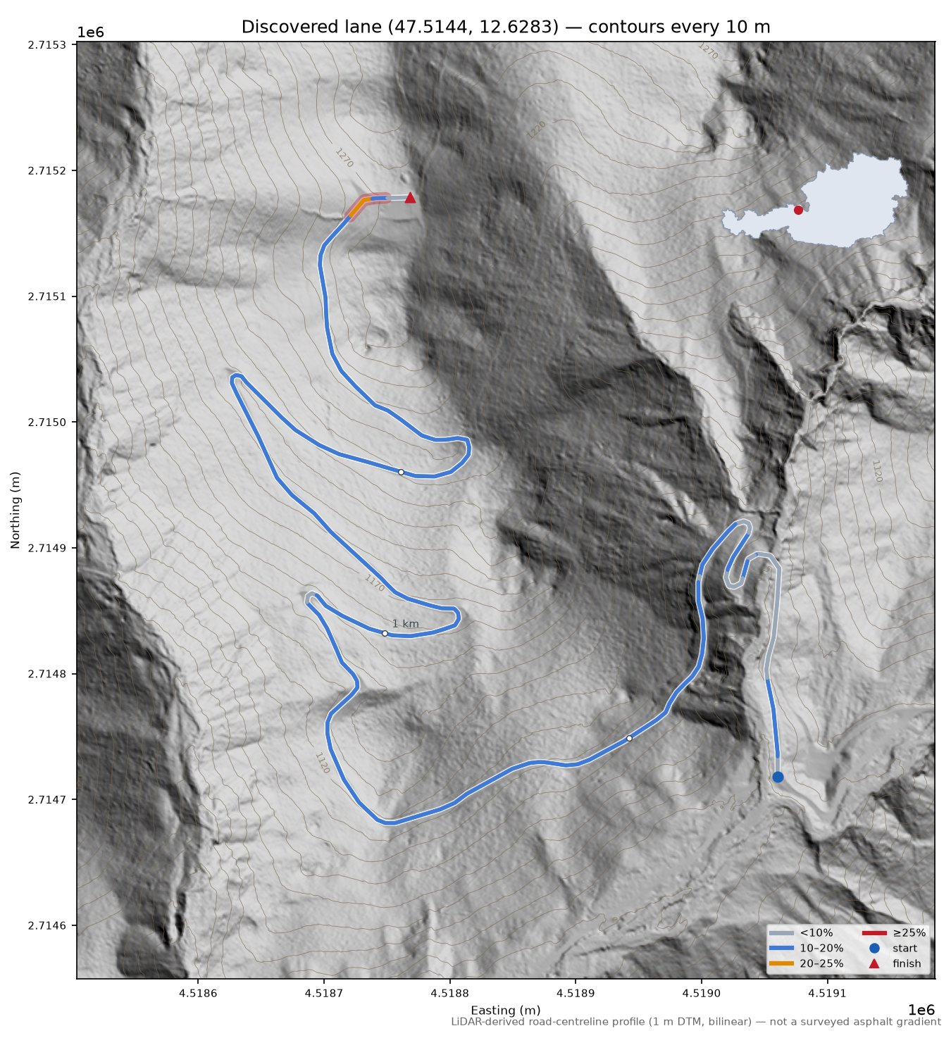 Discovered lane (47.5144, 12.6283) LiDAR hillshade map with contours