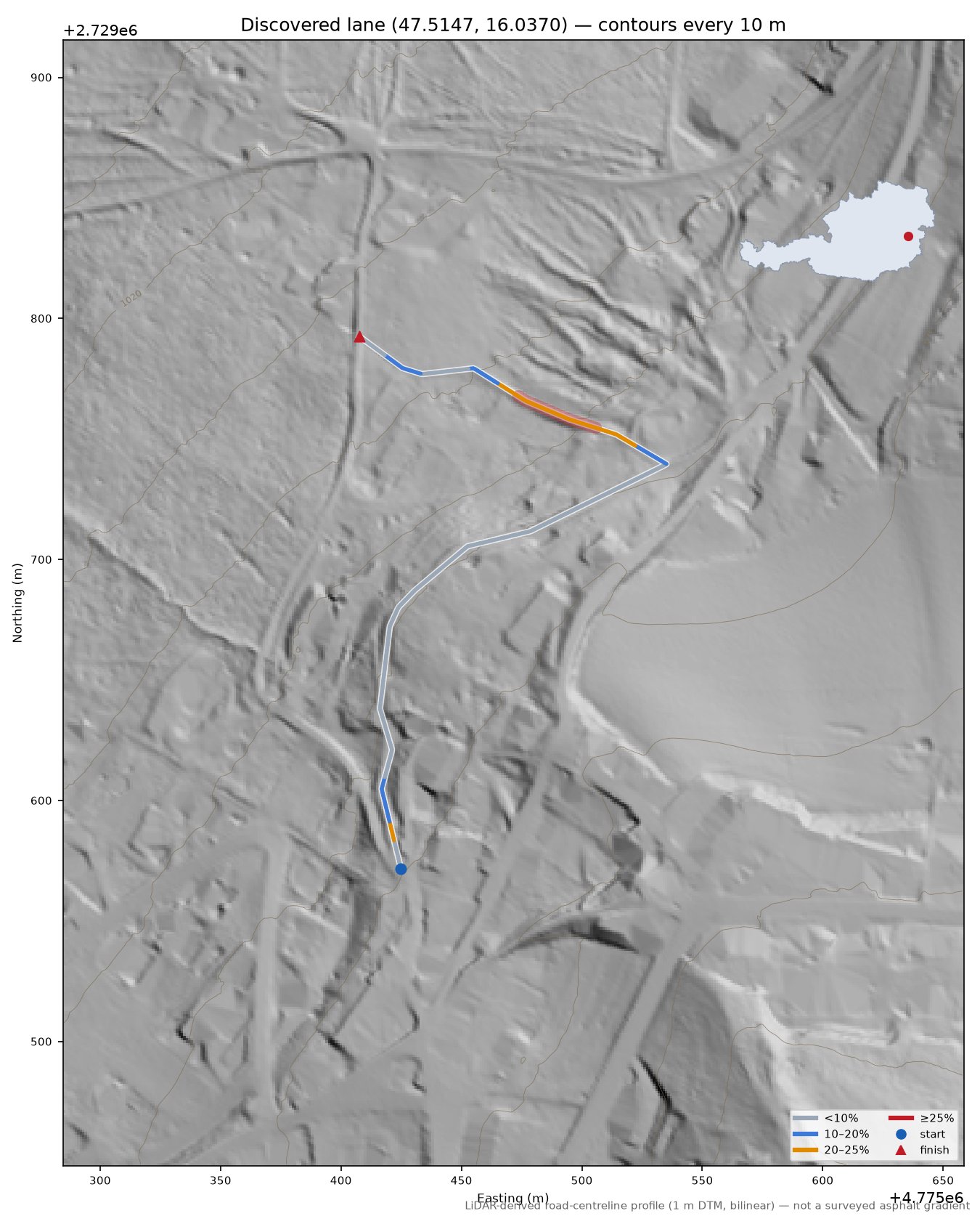 Discovered lane (47.5147, 16.0370) LiDAR hillshade map with contours