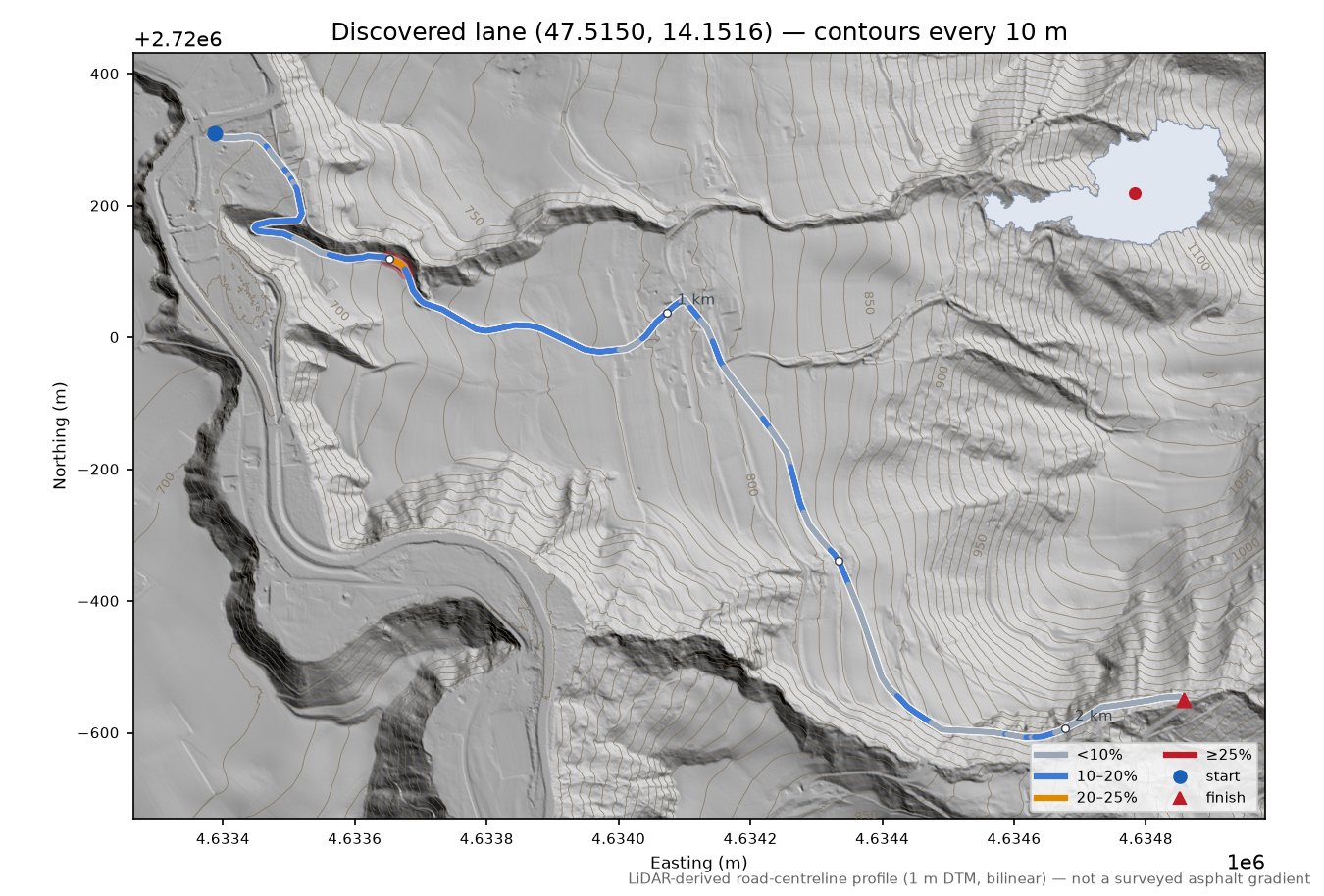 Discovered lane (47.5150, 14.1516) LiDAR hillshade map with contours
