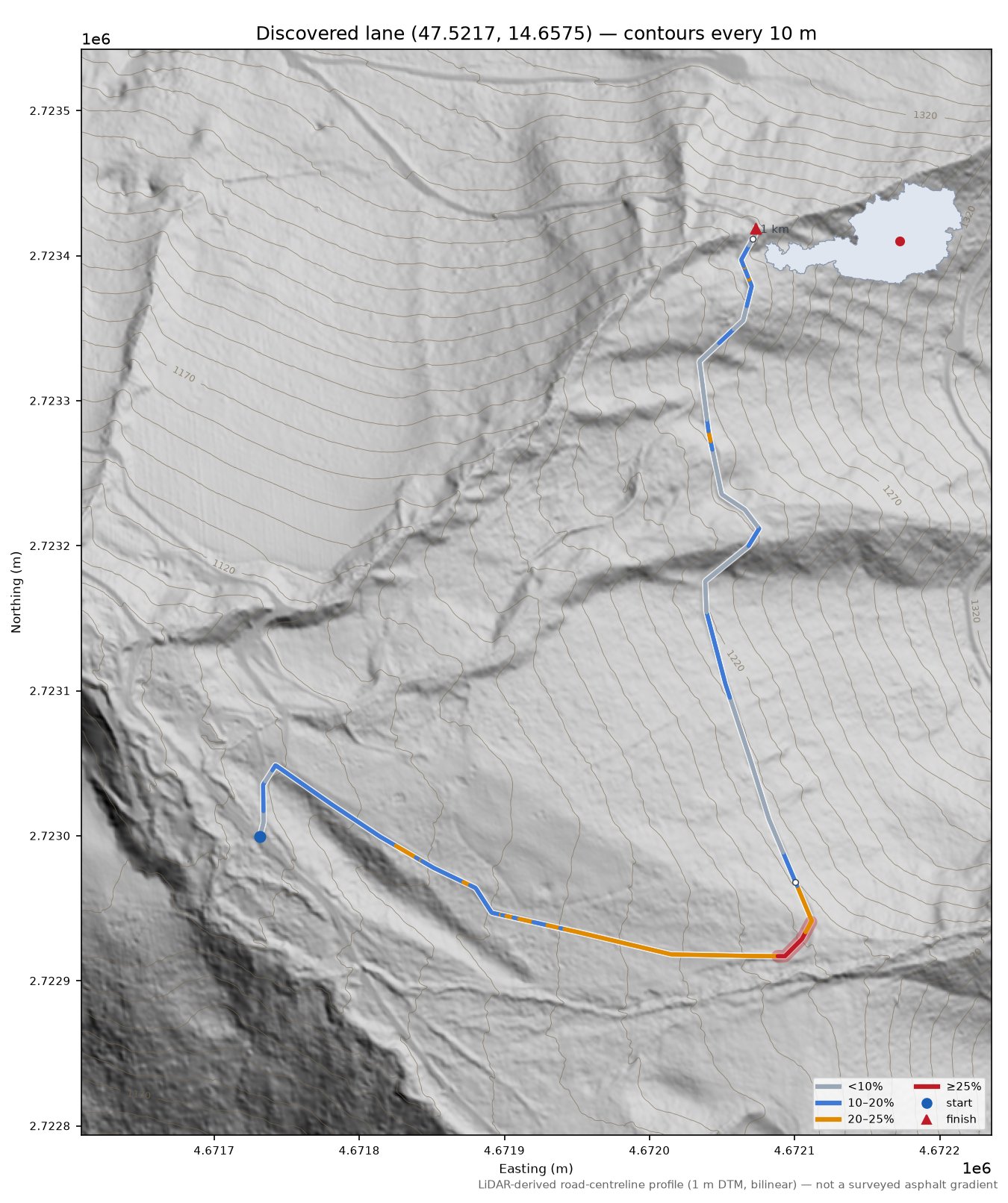 Discovered lane (47.5217, 14.6575) LiDAR hillshade map with contours