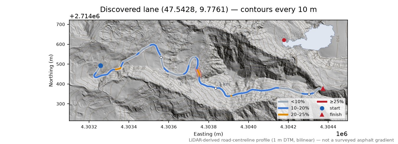 Discovered lane (47.5428, 9.7761) LiDAR hillshade map with contours
