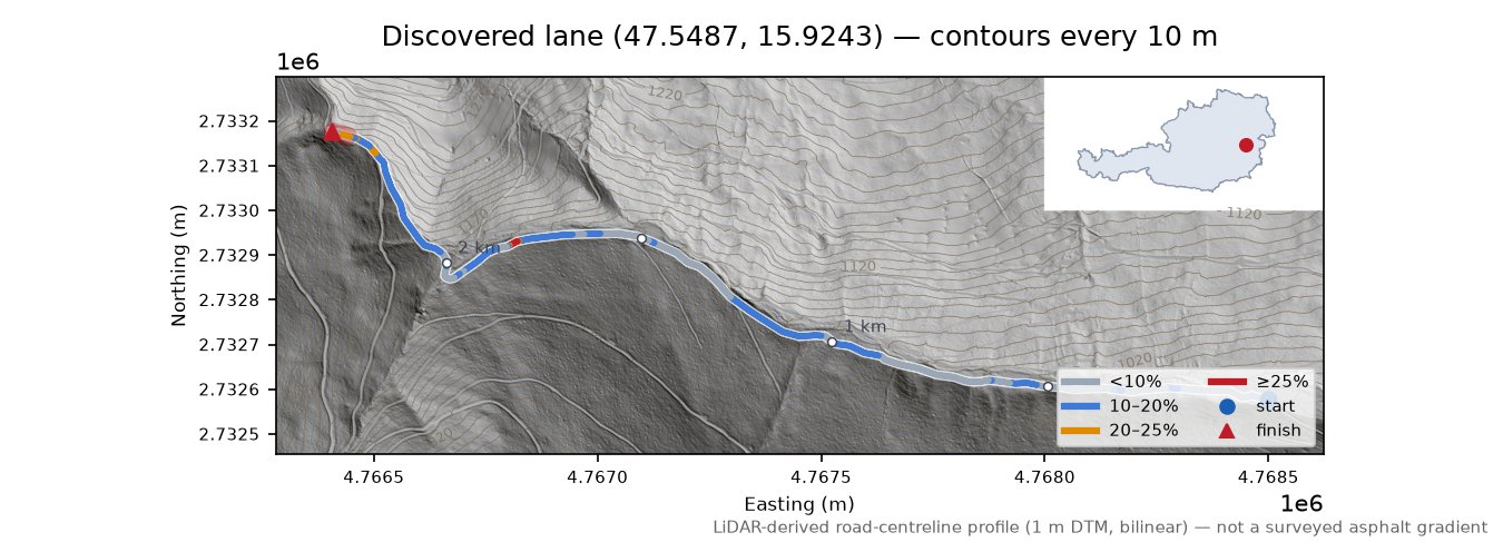 Discovered lane (47.5487, 15.9243) LiDAR hillshade map with contours