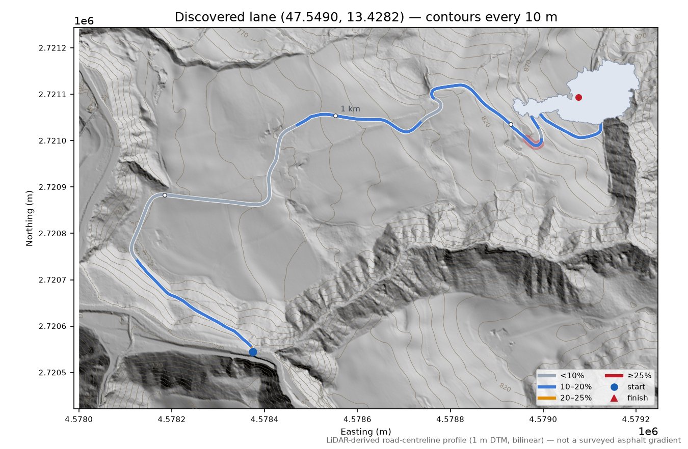 Discovered lane (47.5490, 13.4282) LiDAR hillshade map with contours