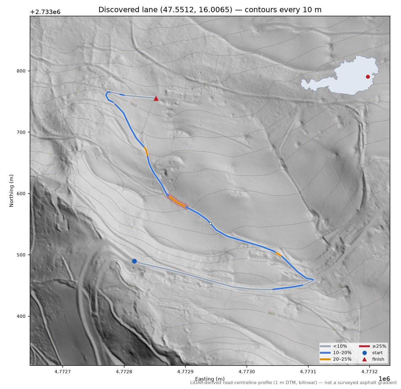Discovered lane (47.5512, 16.0065) LiDAR hillshade map with contours