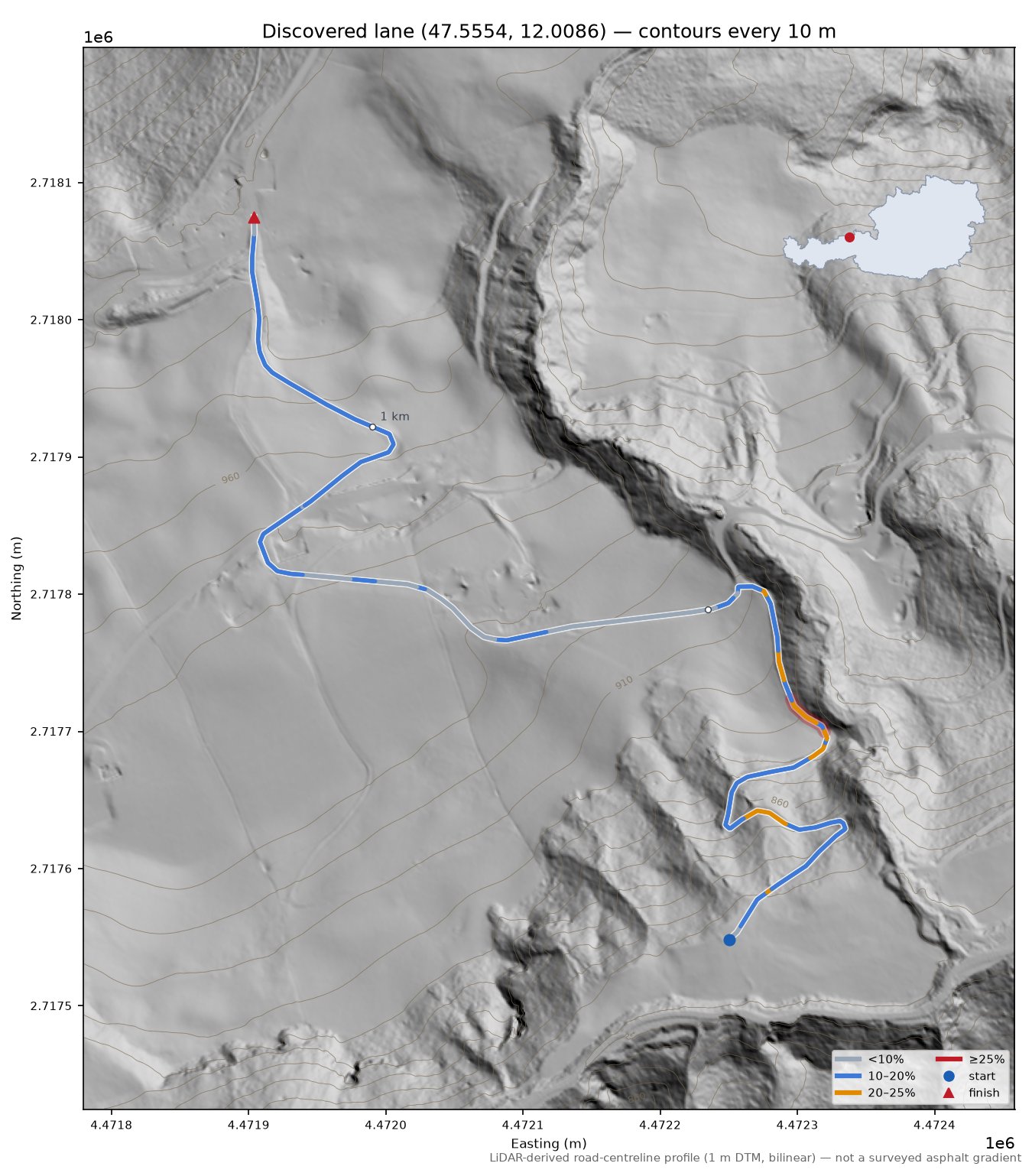 Discovered lane (47.5554, 12.0086) LiDAR hillshade map with contours