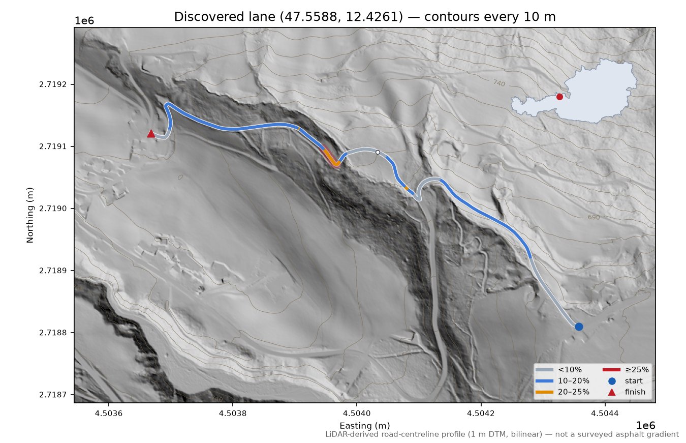 Discovered lane (47.5588, 12.4261) LiDAR hillshade map with contours