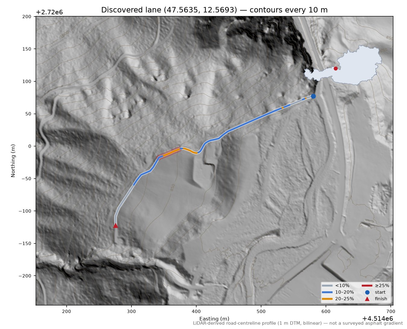 Discovered lane (47.5635, 12.5693) LiDAR hillshade map with contours