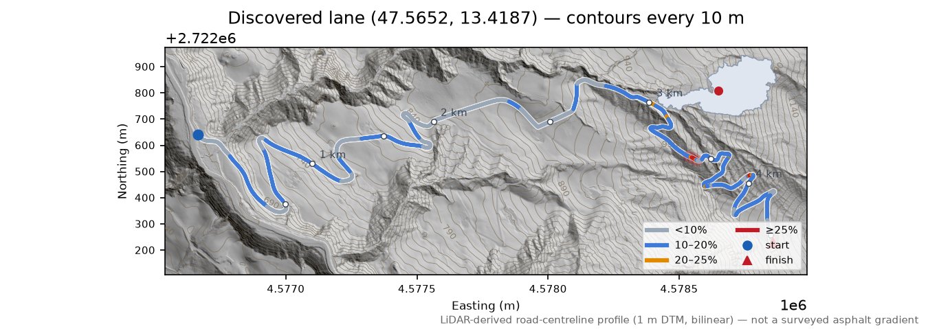 Discovered lane (47.5652, 13.4187) LiDAR hillshade map with contours