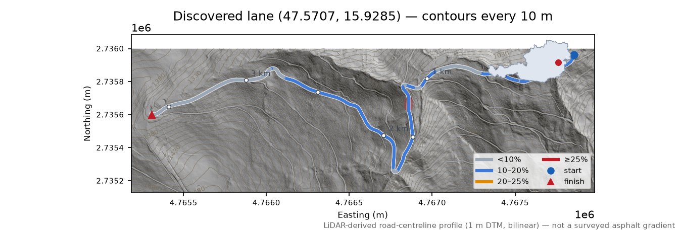 Discovered lane (47.5707, 15.9285) LiDAR hillshade map with contours