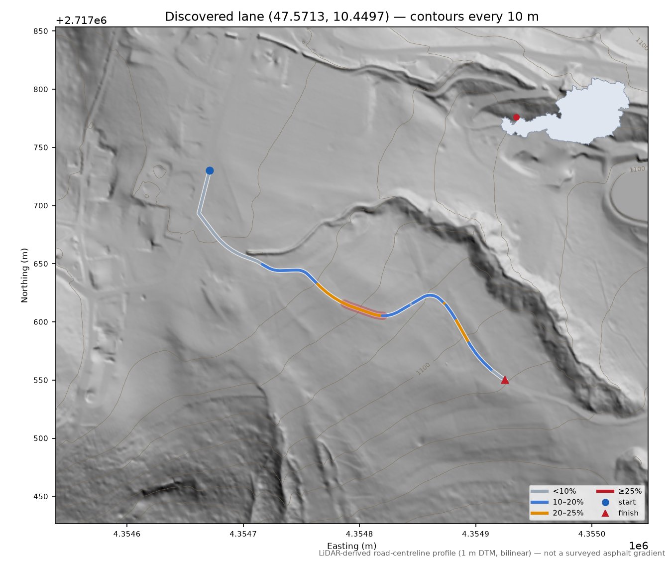 Discovered lane (47.5713, 10.4497) LiDAR hillshade map with contours