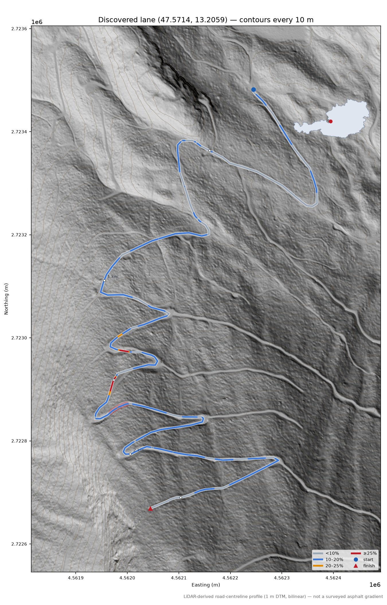 Discovered lane (47.5714, 13.2059) LiDAR hillshade map with contours