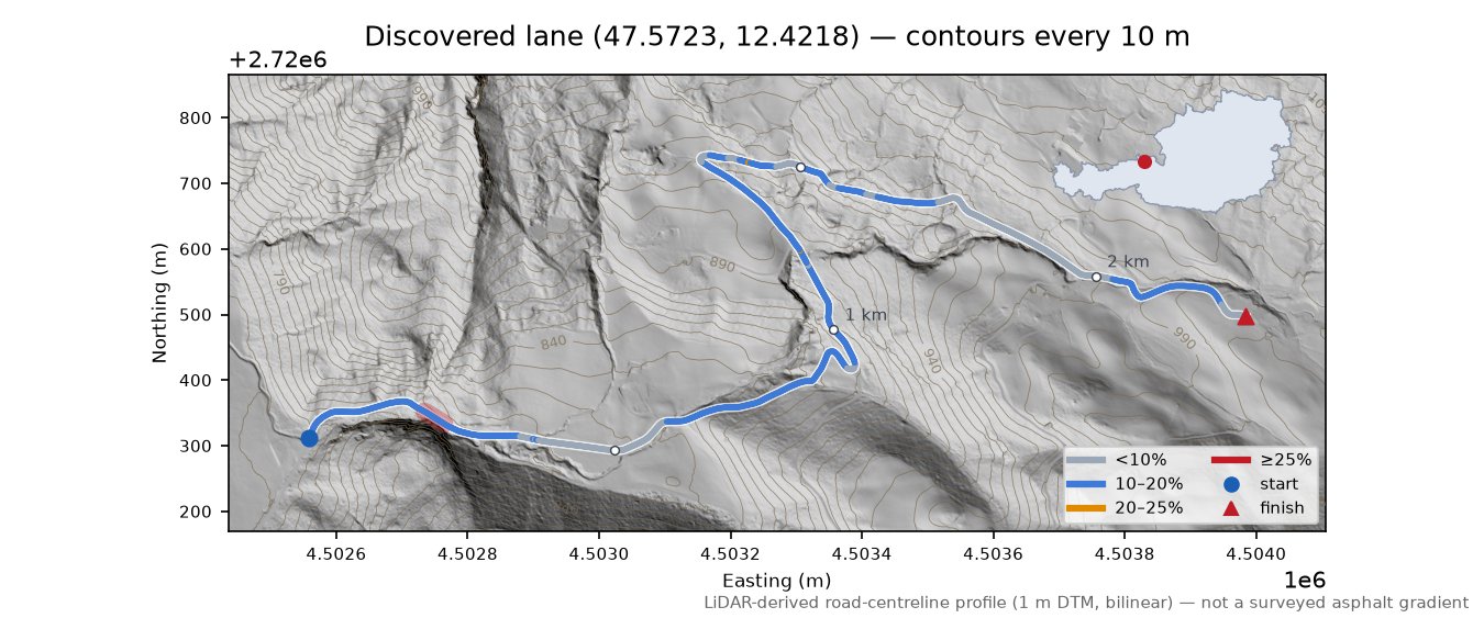 Discovered lane (47.5723, 12.4218) LiDAR hillshade map with contours
