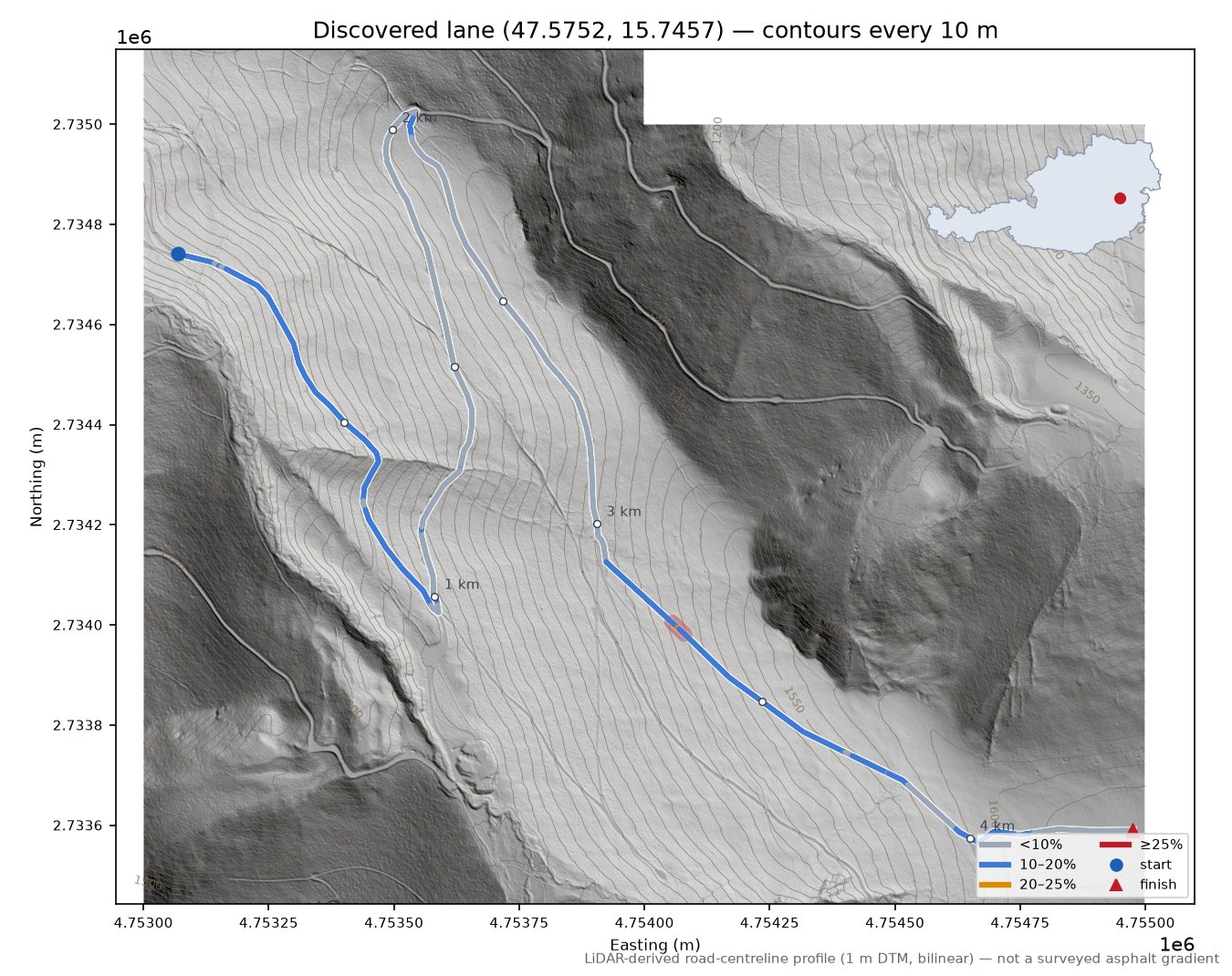 Discovered lane (47.5752, 15.7457) LiDAR hillshade map with contours