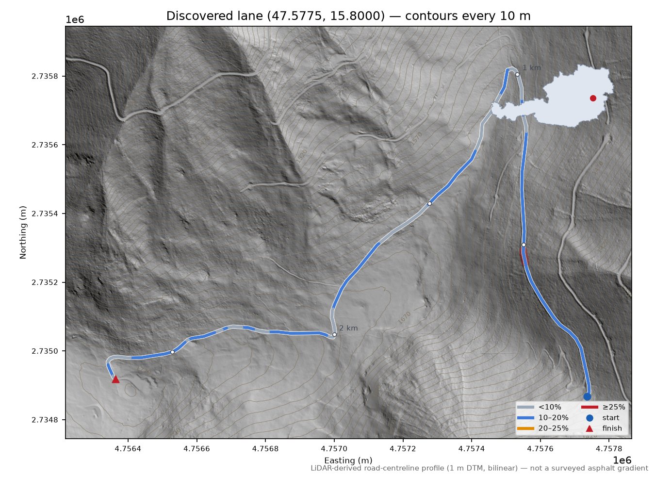 Discovered lane (47.5775, 15.8000) LiDAR hillshade map with contours