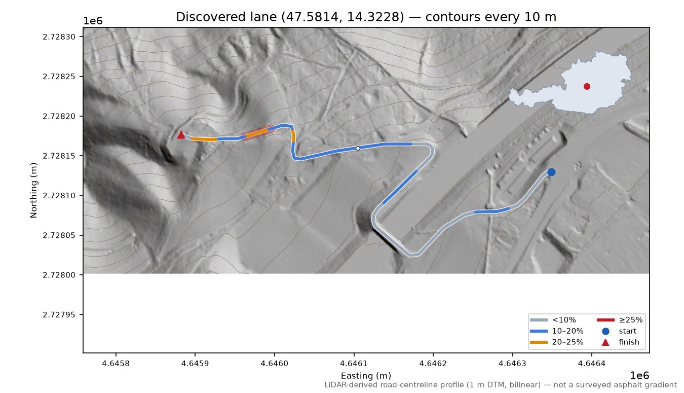 Discovered lane (47.5814, 14.3228) LiDAR hillshade map with contours