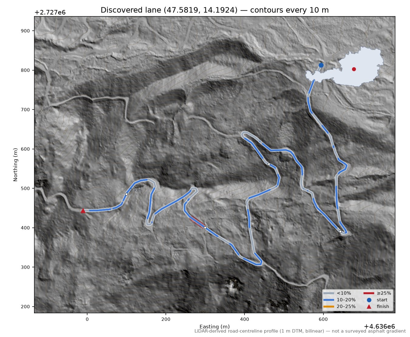 Discovered lane (47.5819, 14.1924) LiDAR hillshade map with contours
