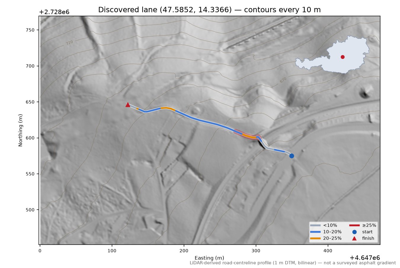 Discovered lane (47.5852, 14.3366) LiDAR hillshade map with contours