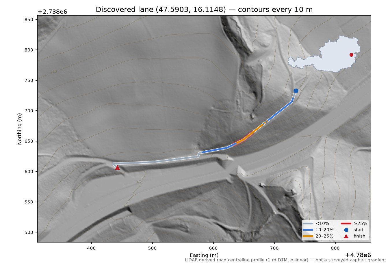 Discovered lane (47.5903, 16.1148) LiDAR hillshade map with contours