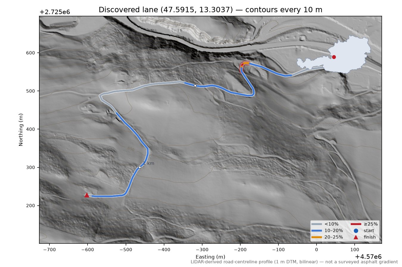 Discovered lane (47.5915, 13.3037) LiDAR hillshade map with contours