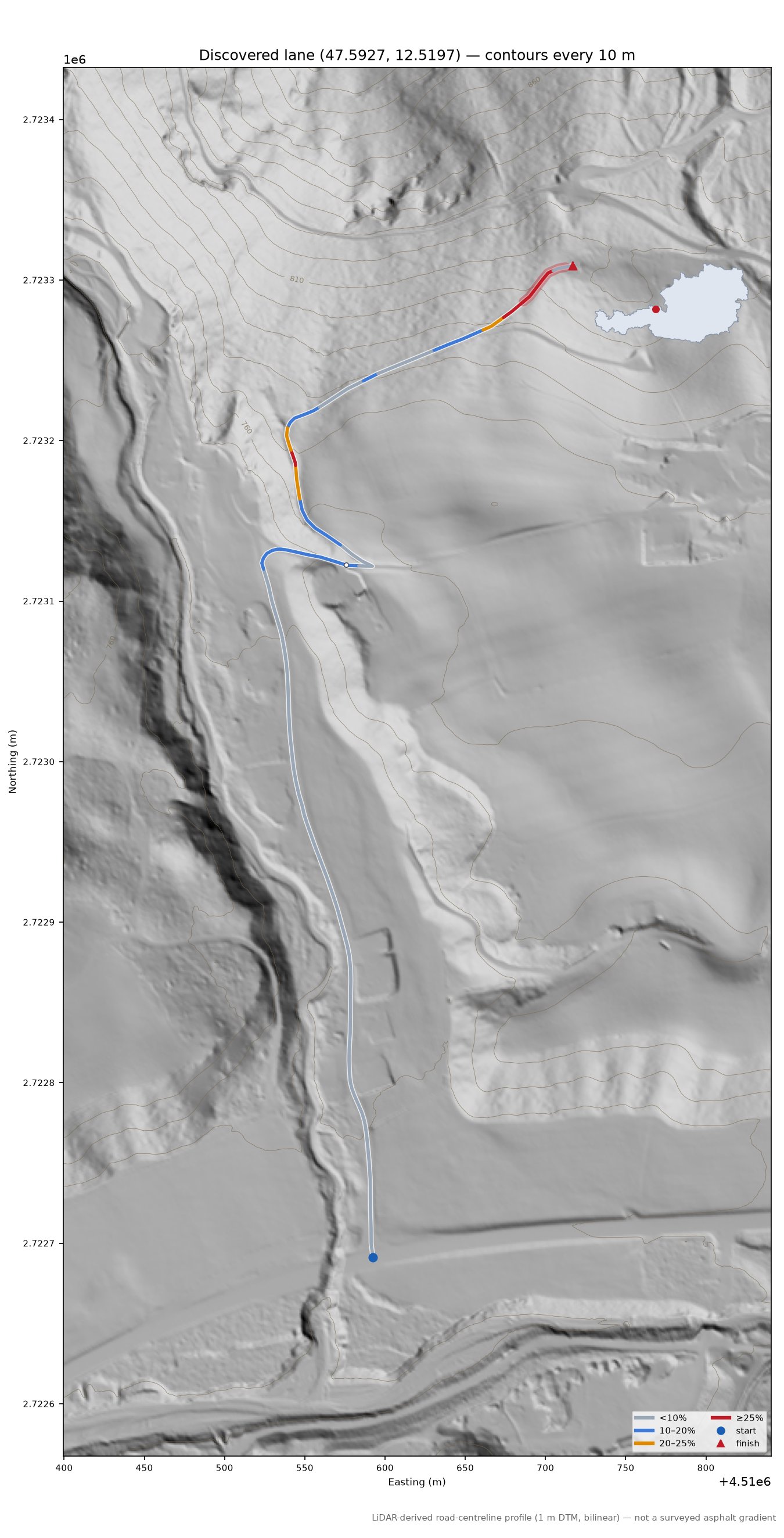Discovered lane (47.5927, 12.5197) LiDAR hillshade map with contours