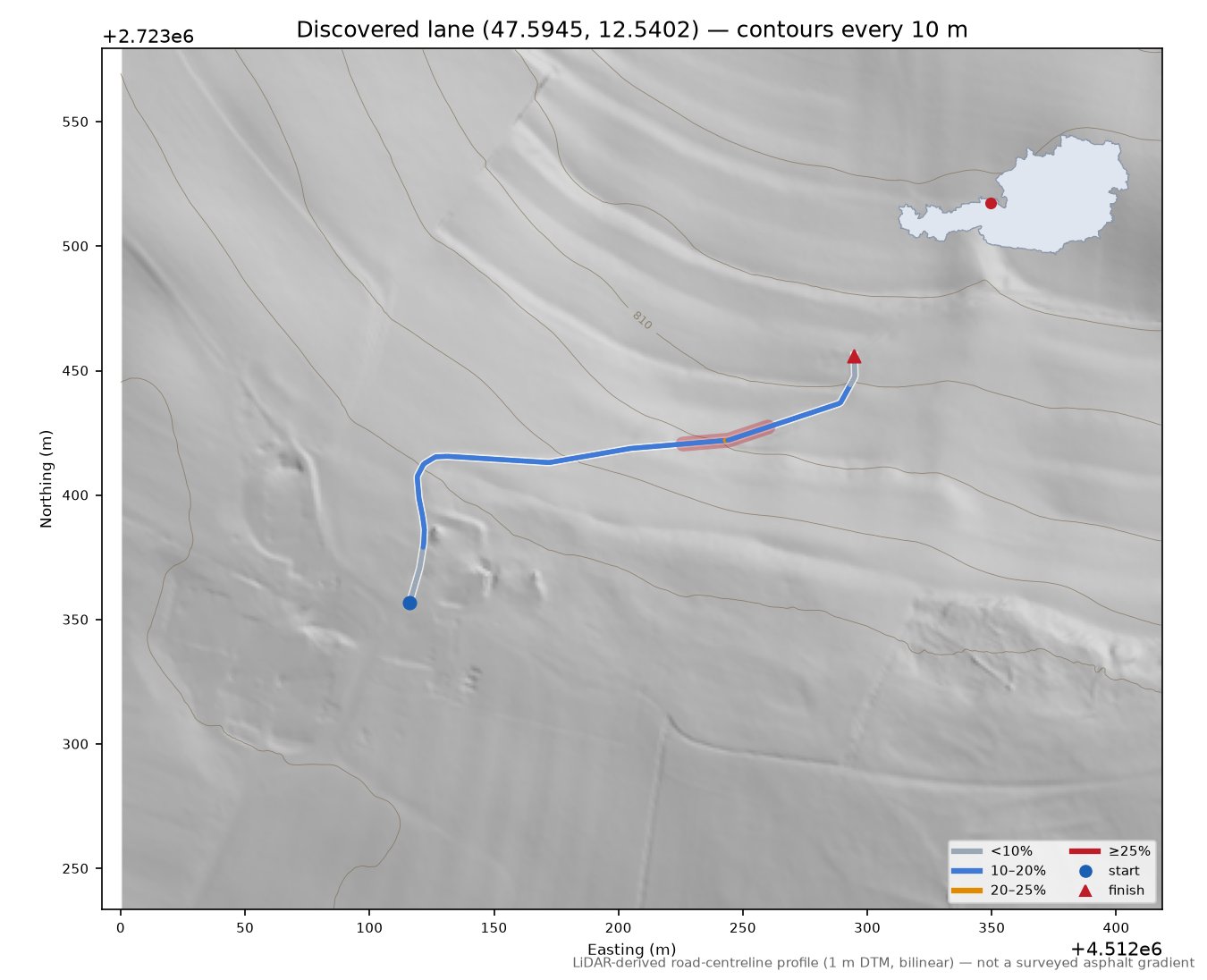 Discovered lane (47.5945, 12.5402) LiDAR hillshade map with contours