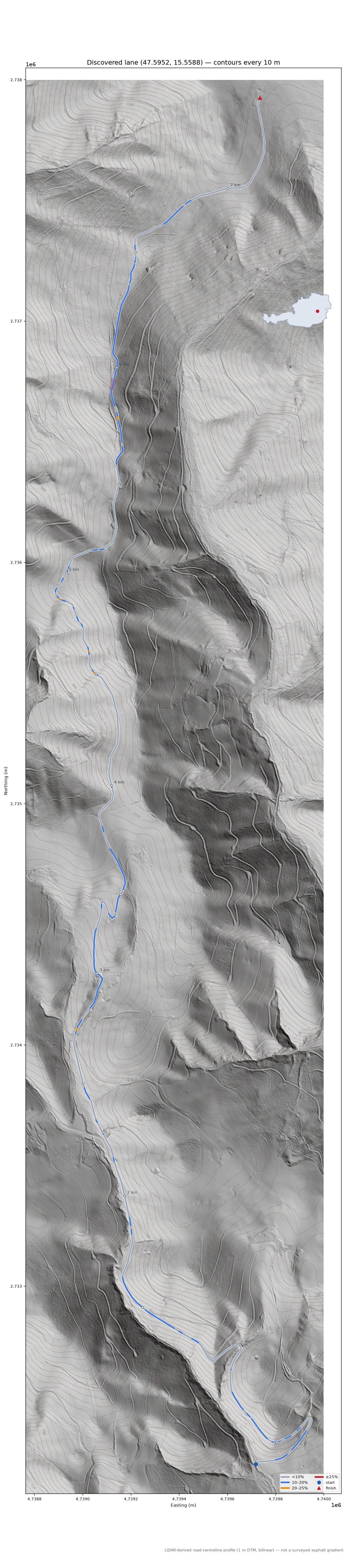 Discovered lane (47.5952, 15.5588) LiDAR hillshade map with contours
