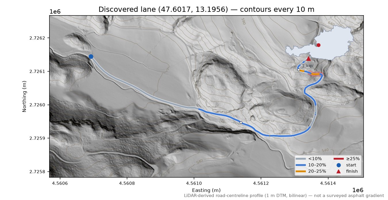 Discovered lane (47.6017, 13.1956) LiDAR hillshade map with contours