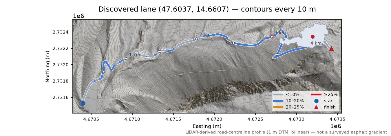 Discovered lane (47.6037, 14.6607) LiDAR hillshade map with contours