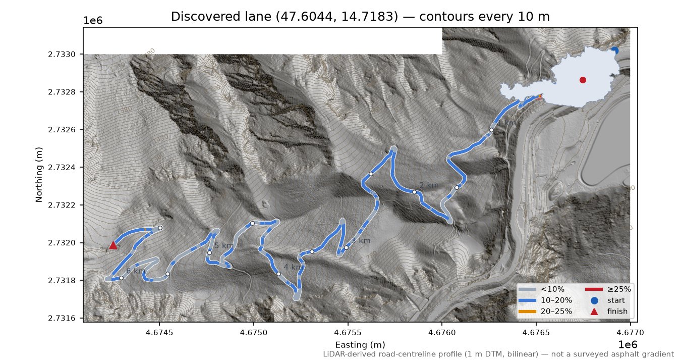 Discovered lane (47.6044, 14.7183) LiDAR hillshade map with contours
