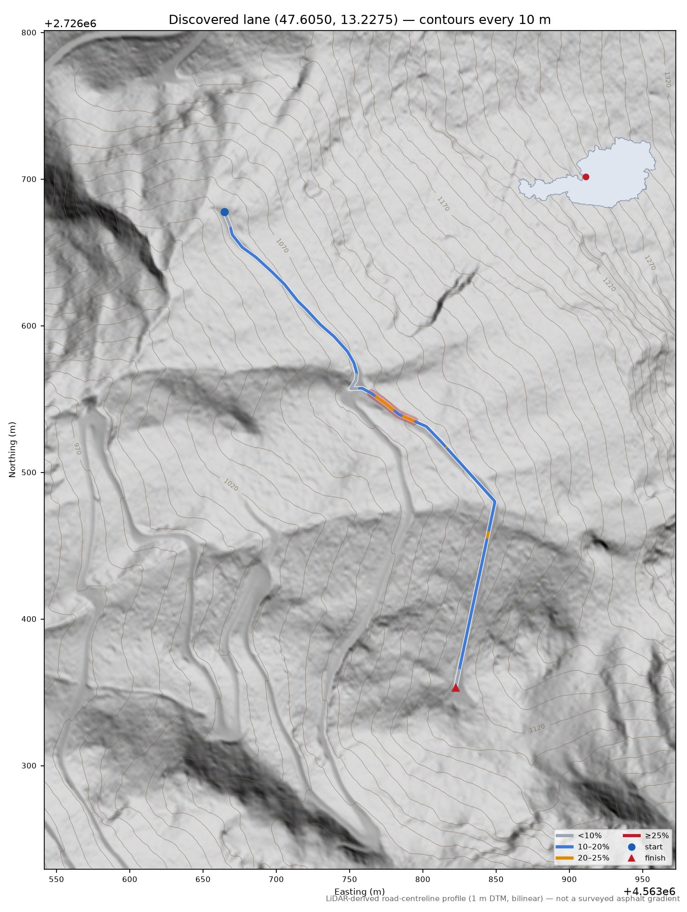 Discovered lane (47.6050, 13.2275) LiDAR hillshade map with contours