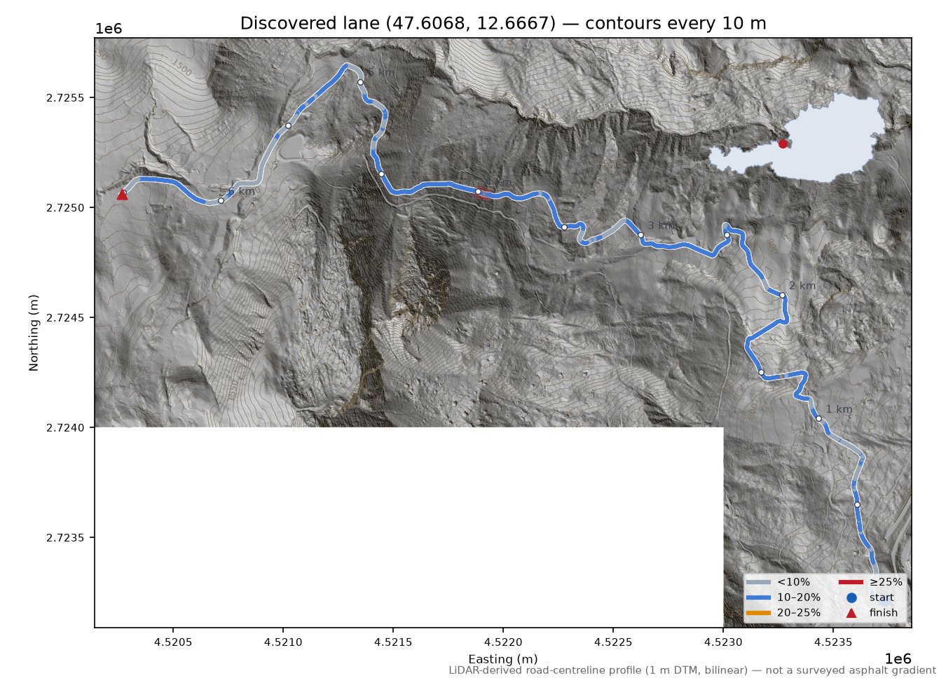 Discovered lane (47.6068, 12.6667) LiDAR hillshade map with contours