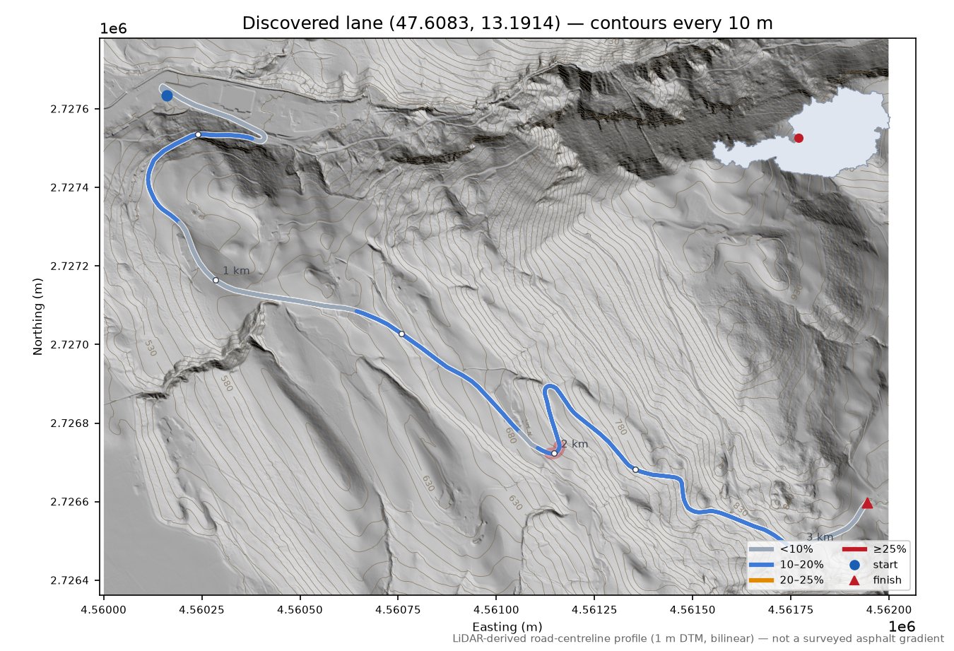 Discovered lane (47.6083, 13.1914) LiDAR hillshade map with contours