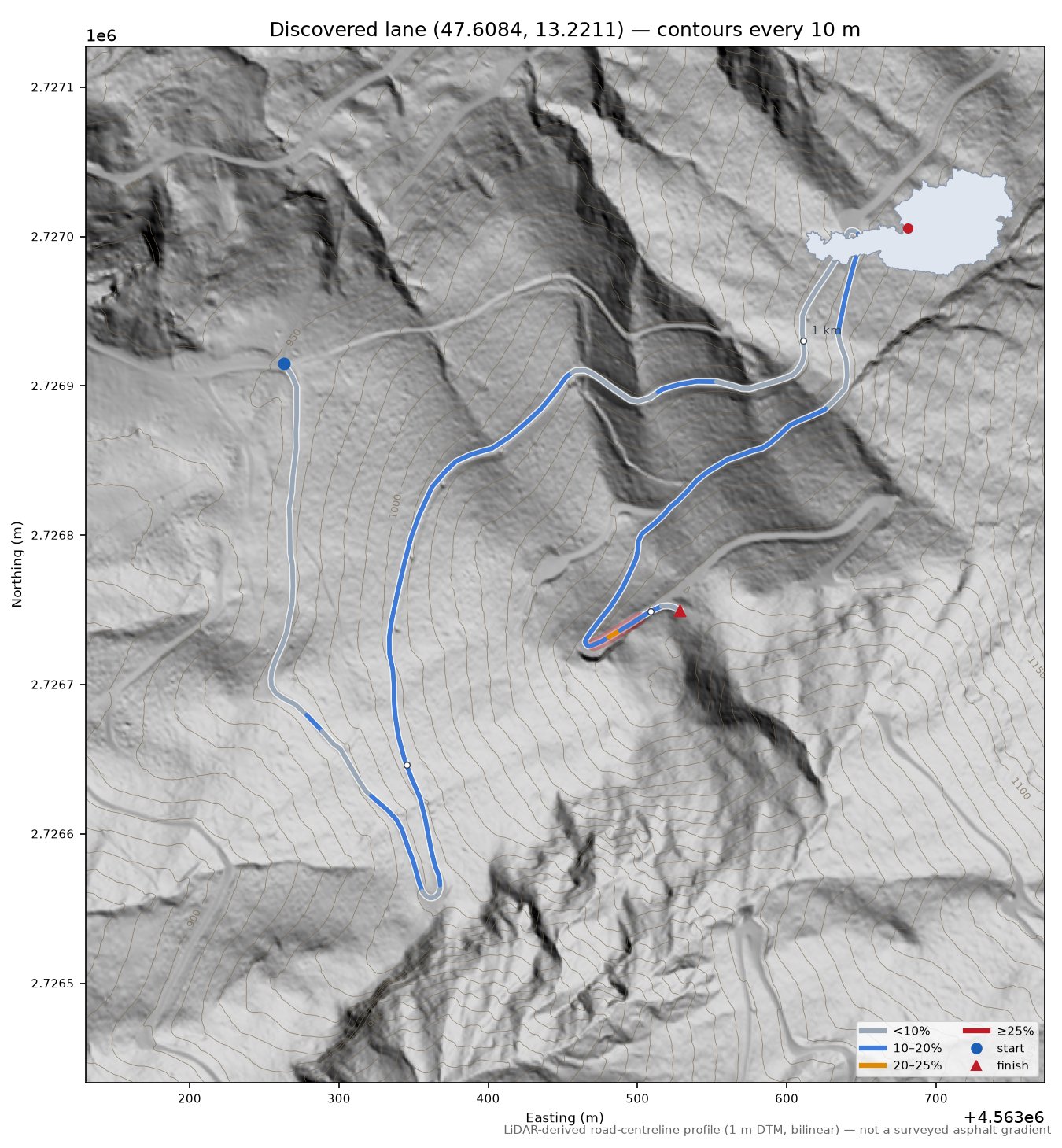 Discovered lane (47.6084, 13.2211) LiDAR hillshade map with contours