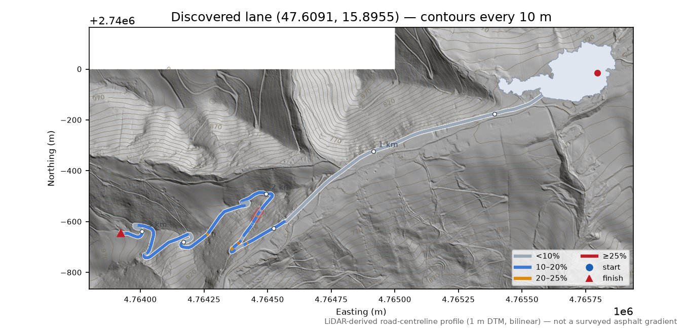 Discovered lane (47.6091, 15.8955) LiDAR hillshade map with contours