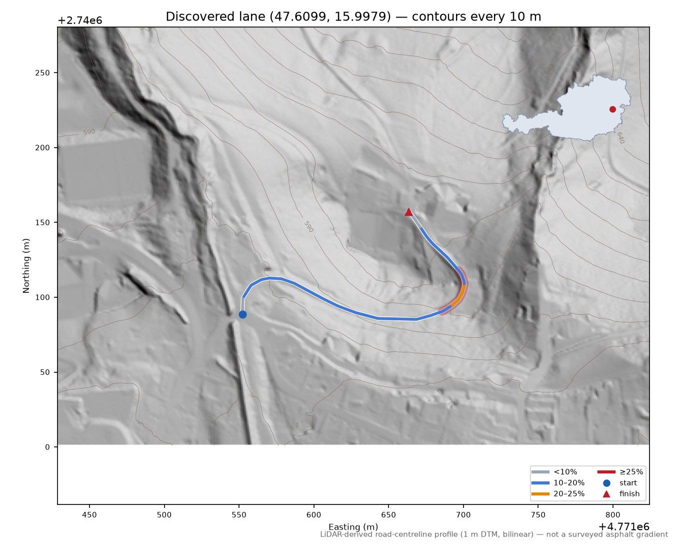 Discovered lane (47.6099, 15.9979) LiDAR hillshade map with contours