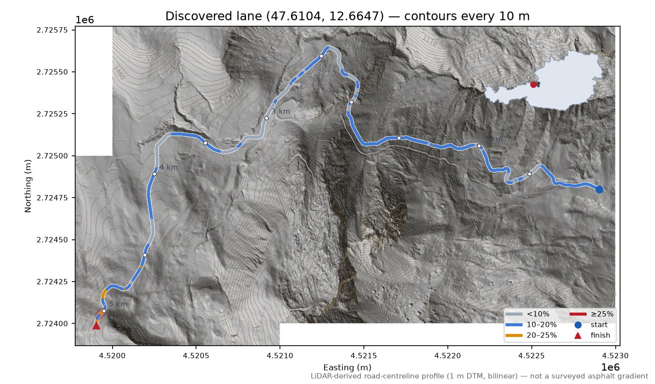 Discovered lane (47.6104, 12.6647) LiDAR hillshade map with contours