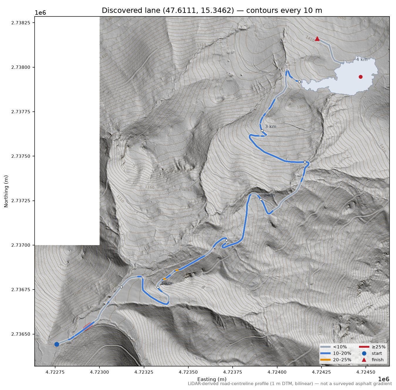 Discovered lane (47.6111, 15.3462) LiDAR hillshade map with contours