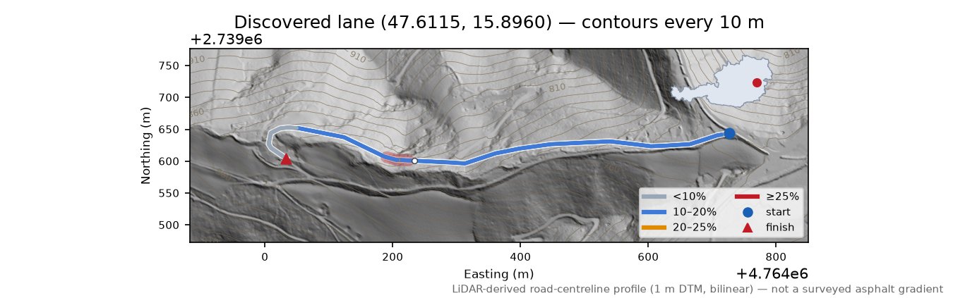 Discovered lane (47.6115, 15.8960) LiDAR hillshade map with contours