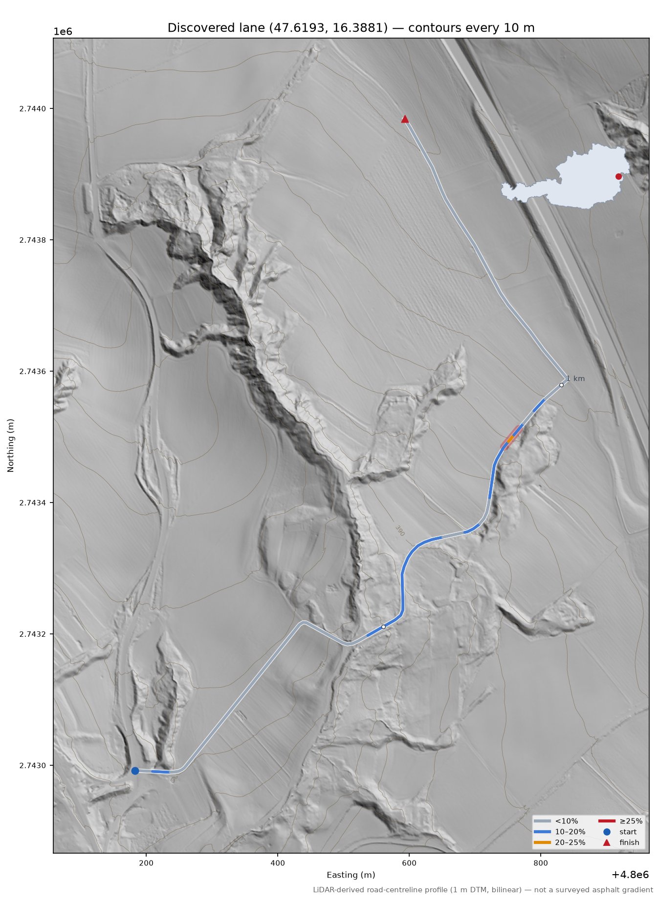Discovered lane (47.6193, 16.3881) LiDAR hillshade map with contours