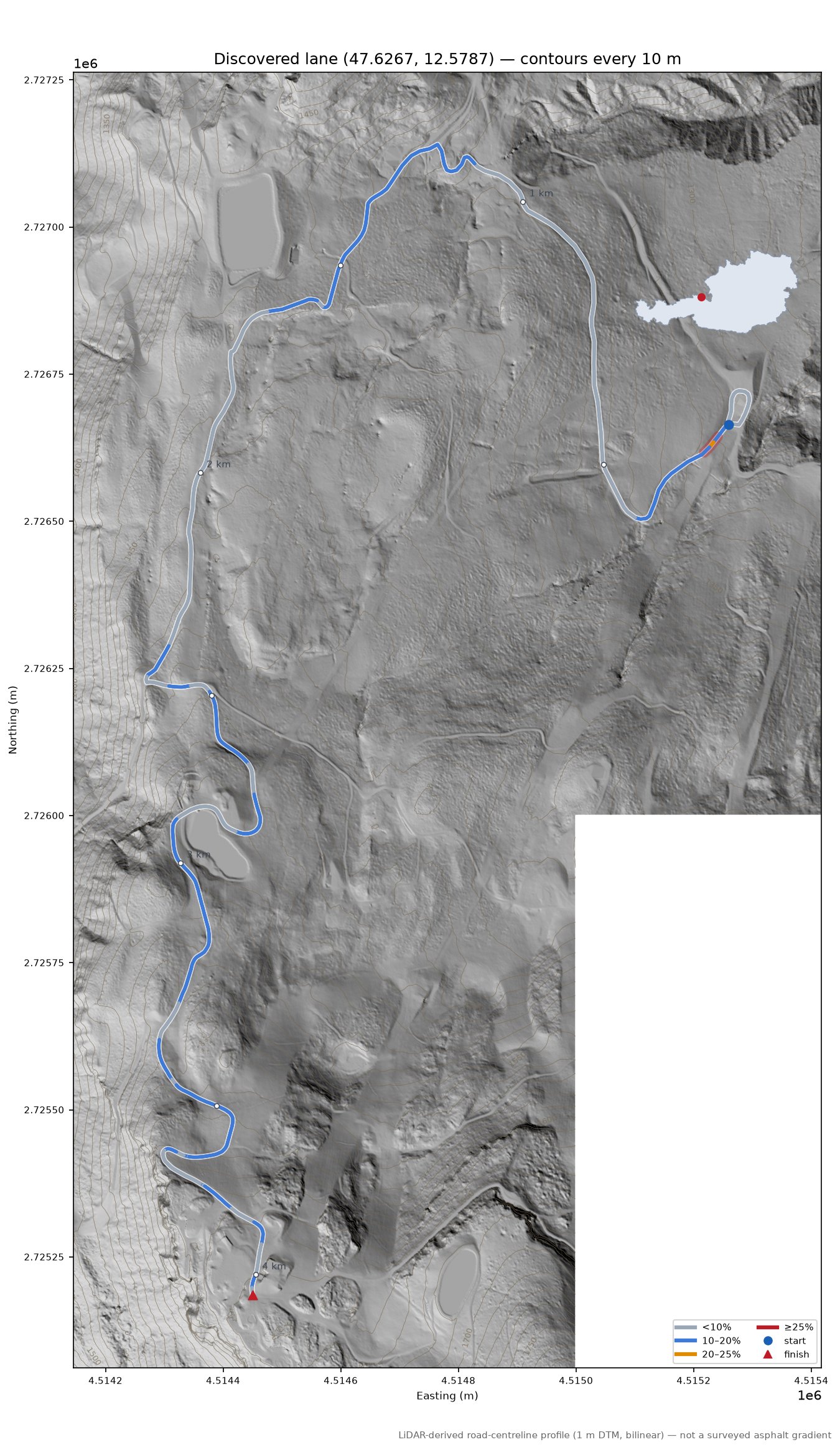 Discovered lane (47.6267, 12.5787) LiDAR hillshade map with contours