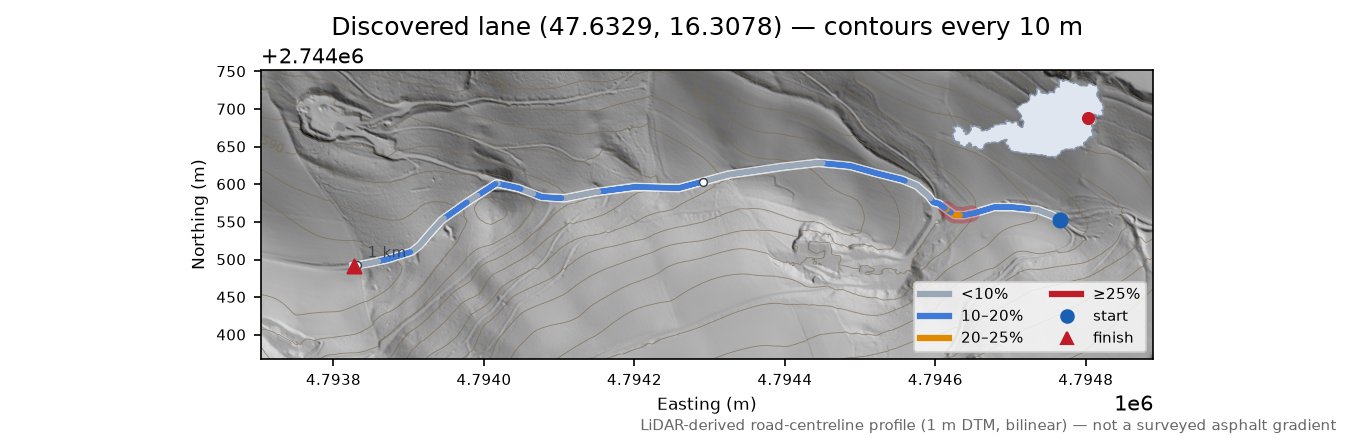 Discovered lane (47.6329, 16.3078) LiDAR hillshade map with contours