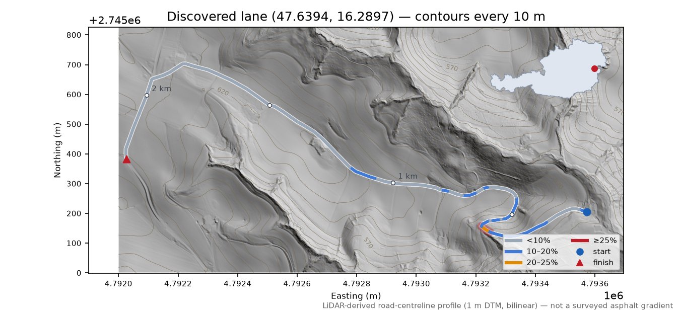 Discovered lane (47.6394, 16.2897) LiDAR hillshade map with contours