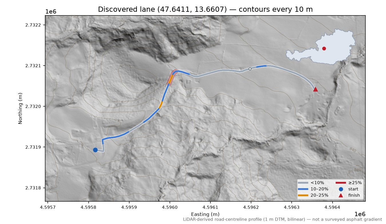 Discovered lane (47.6411, 13.6607) LiDAR hillshade map with contours