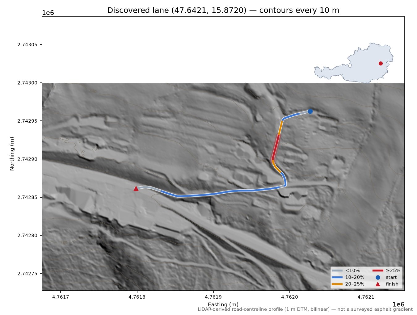 Discovered lane (47.6421, 15.8720) LiDAR hillshade map with contours