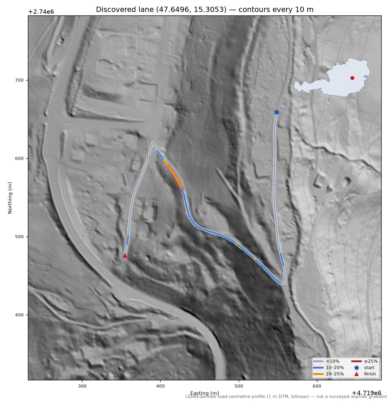 Discovered lane (47.6496, 15.3053) LiDAR hillshade map with contours